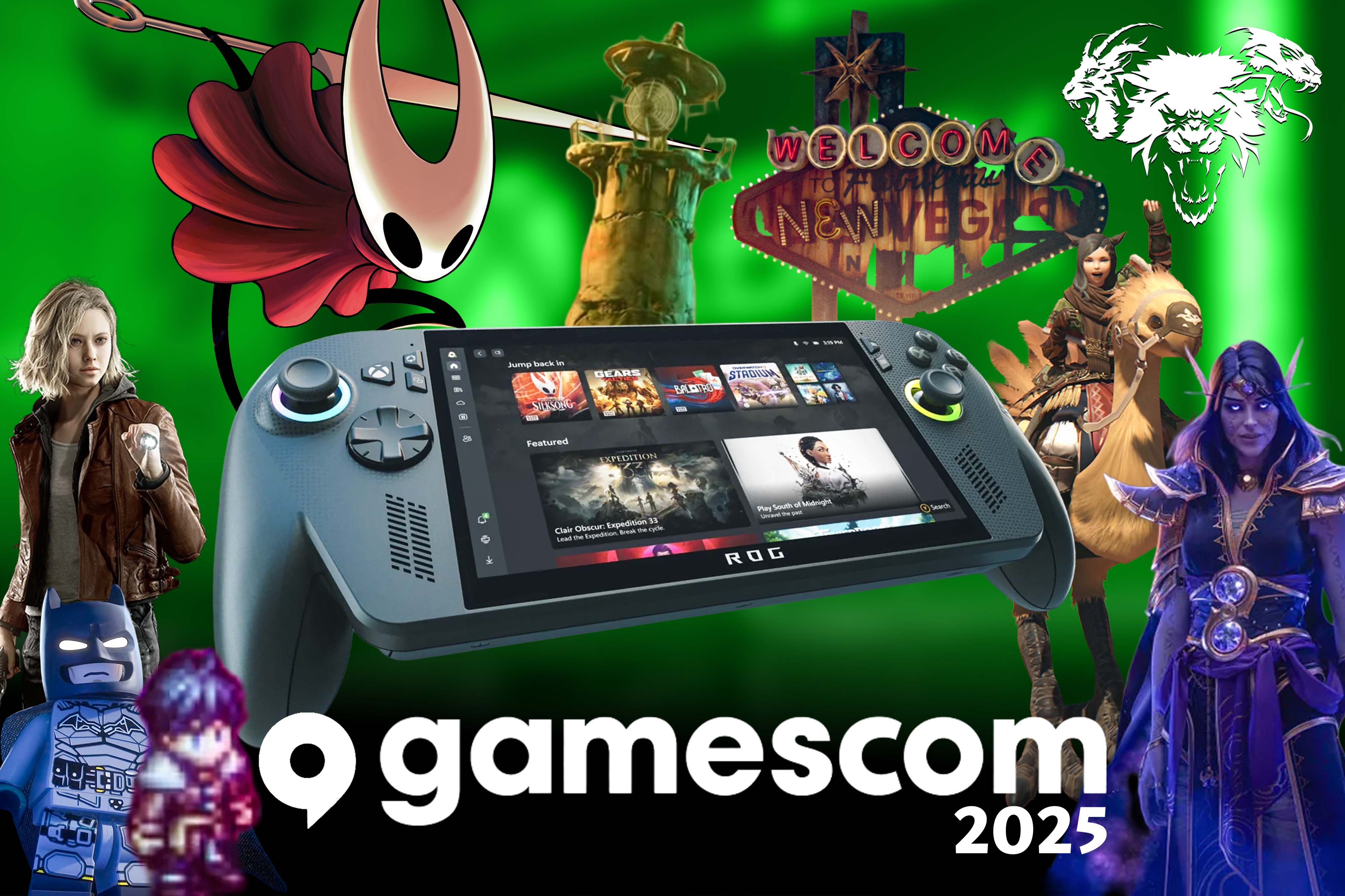 An image showing the Xbox Ally X in the center with various video game characters around it. It reads, &quot;Gamescom 2025&quot; on the bottom. 