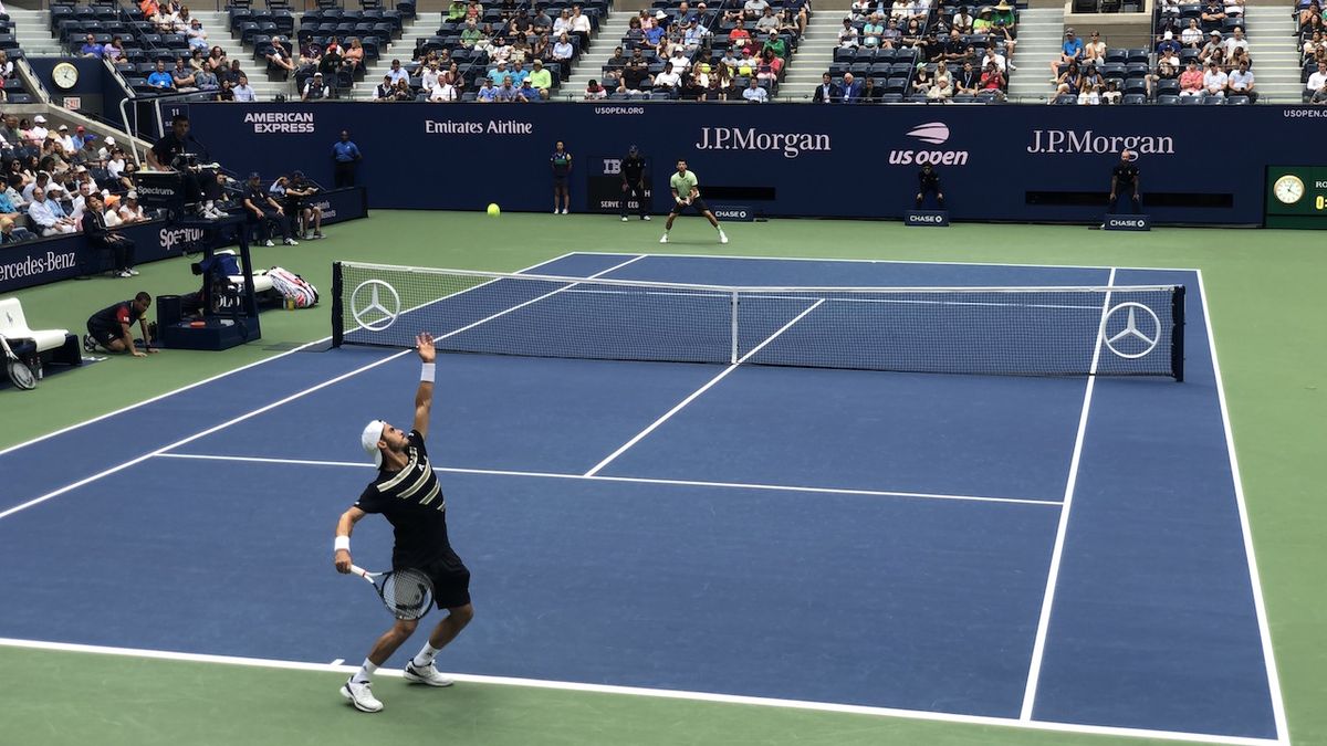 Installed before this year’s tournament, new LED displays cover the entire back wall on either end of the court in Arthur Ashe Stadium and display sponsorship logos, serve speeds, and the match clock.