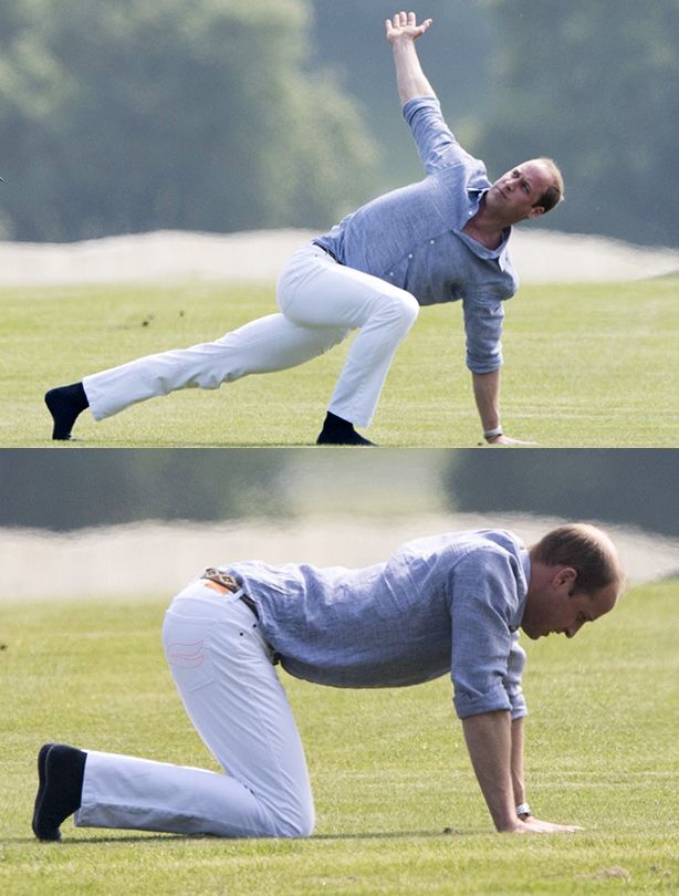 Prince William stretching, yoga