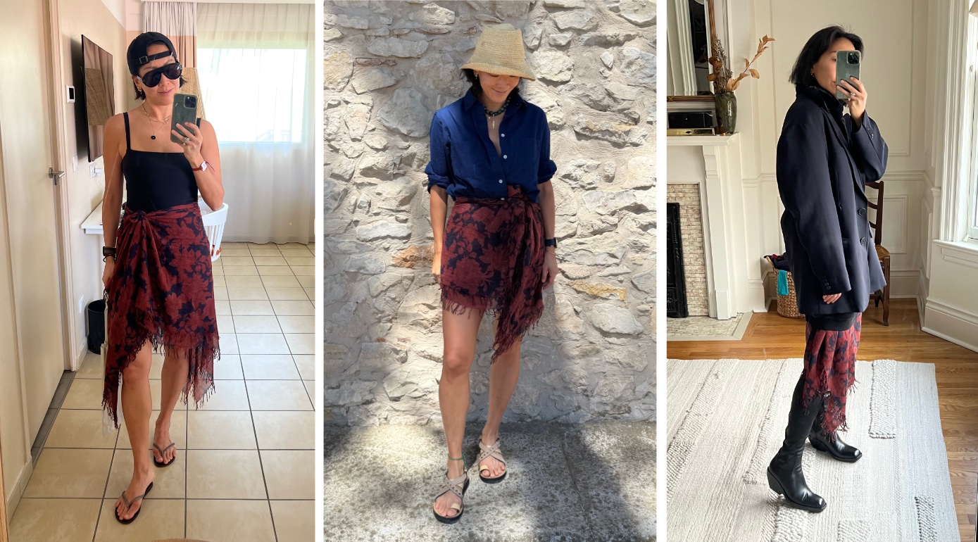 Irene Kim Fritz wearing a silk scarf in several ways