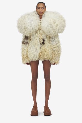 Women's Exaggerated Shoulder Shearling Coat​ in Beige