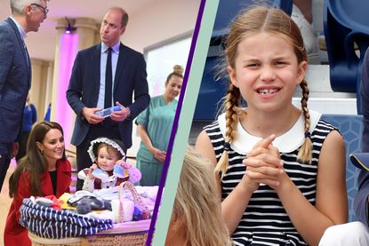 Kate Middleton chats to girl called Charlotte and Prince William Wales visit Wales spilt layout with Princess Charlotte on her own in other picture