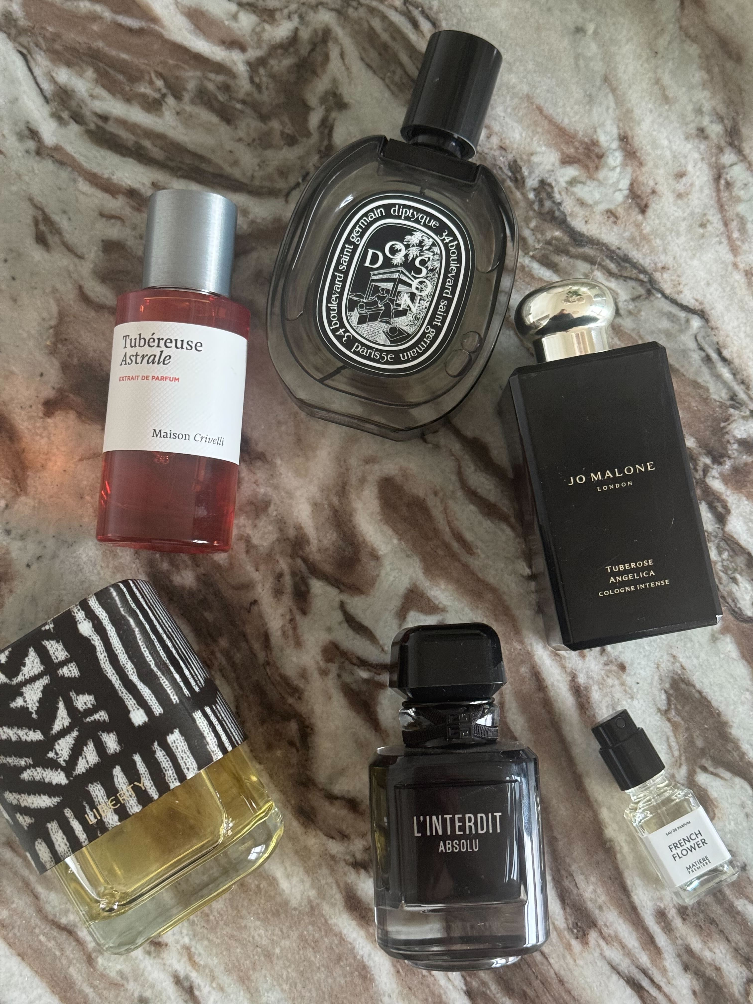 A photo of tuberose perfumes in beauty editor Eleanor Vousden's collection