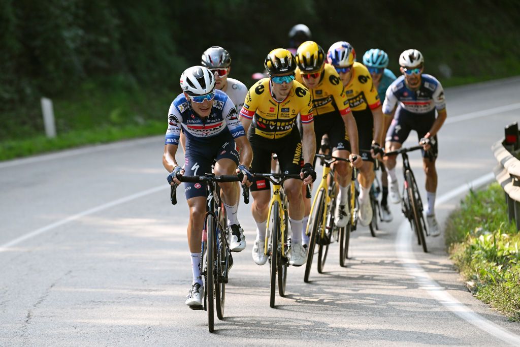 LEGNANO ITALY OCTOBER 02 LR Fausto Masnada of Italy and Team Soudal QuickStep Jan Tratnik of Slovenia and Team JumboVisma compete in the breakaway during the 104th Coppa Bernocchi GP Banco BPM a 18665km one day race from Parabiago to Legnano on October 02 2023 in Legnano Italy Photo by Dario BelingheriGetty Images