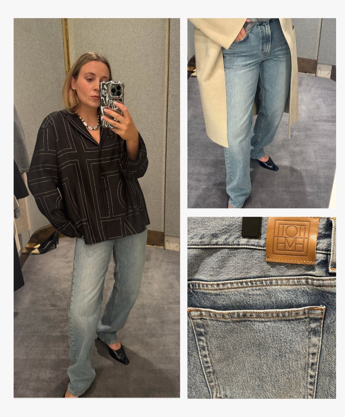 Who What Wear'dan Rebecca Rhys-Evans, Toteme kot pantolon ve gömleğiyle stil yaratıyor.