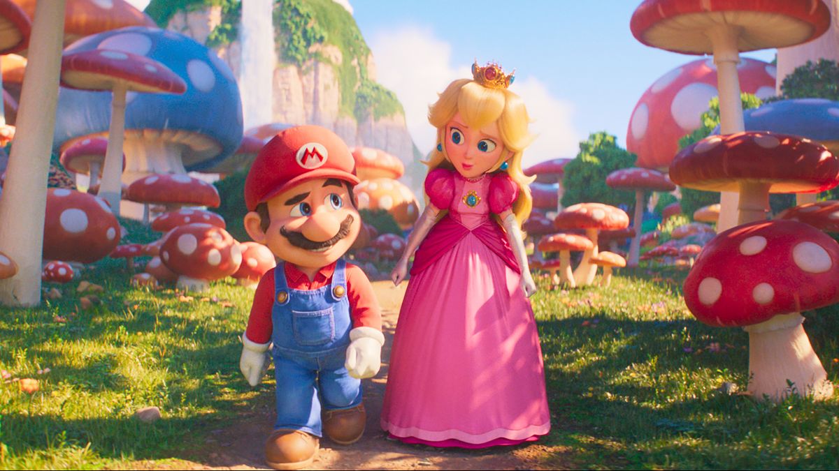 Mario and Princess Peach walking through the Mushroom Kingdom in The Super Mario Bros. Movie.