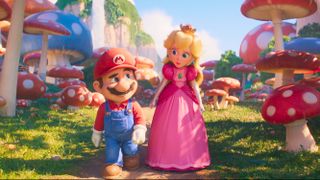 Mario and Princess Peach walking through the Mushroom Kingdom in The Super Mario Bros. Movie.