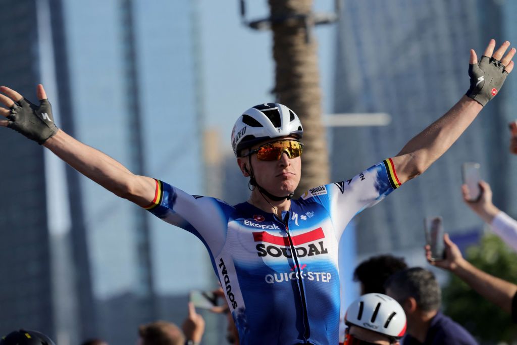 Soudal-Quick Step Team's Belgian cyclist Tim Merlier wins the fourth stage of the 6th UAE Cycling Tour, in Dubai, on February 22, 2024. (Photo by Giuseppe CACACE / AFP)