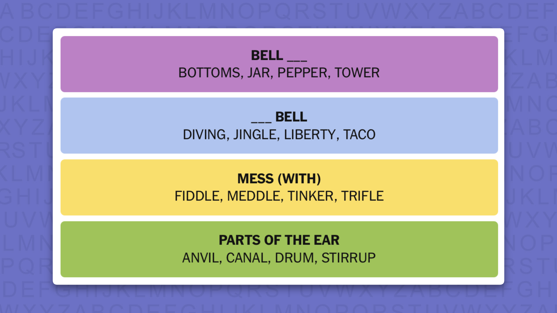 NYT Connections answers for game 1234 on a purple background