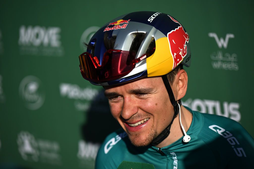 ALULA CAMEL CUP TRACK SAUDI ARABIA FEBRUARY 01 Tom Pidcock of The United Kingdom and Q365 Pro Cycling Team Green Leader Jersey final overall race winner reacts after the 5th AlUla Tour 2025 Stage 5 a 1696km stage from AlUla Camel Cup Track to AlUla Camel Cup Track on February 01 2025 in AlUla Saudi Arabia Photo by Szymon GruchalskiGetty Images