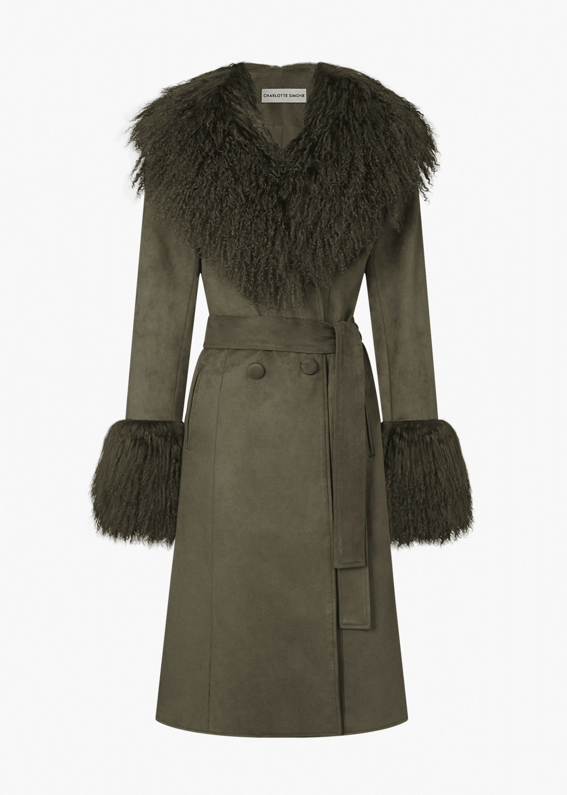 Penny Iii 70's Green Mongolian Trim Longline Coat - Khaki Suede / Xs