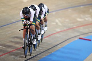 The Australian women's team pursuit squad competes at the 2019 UCI Track World Championships in Pruszkow, Poland