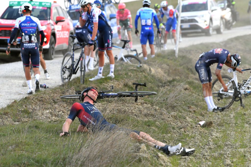 SIENA ITALY MARCH 05 Salvatore Puccio of Italy and Team INEOS Grenadiers injured after being involved in a crash during the Eroica 16th Strade Bianche 2022 Mens Elite a 184km one day race from Siena to Siena Piazza del Campo 321m StradeBianche WorldTour on March 05 2022 in Siena Italy Photo by Tim de WaeleGetty Images