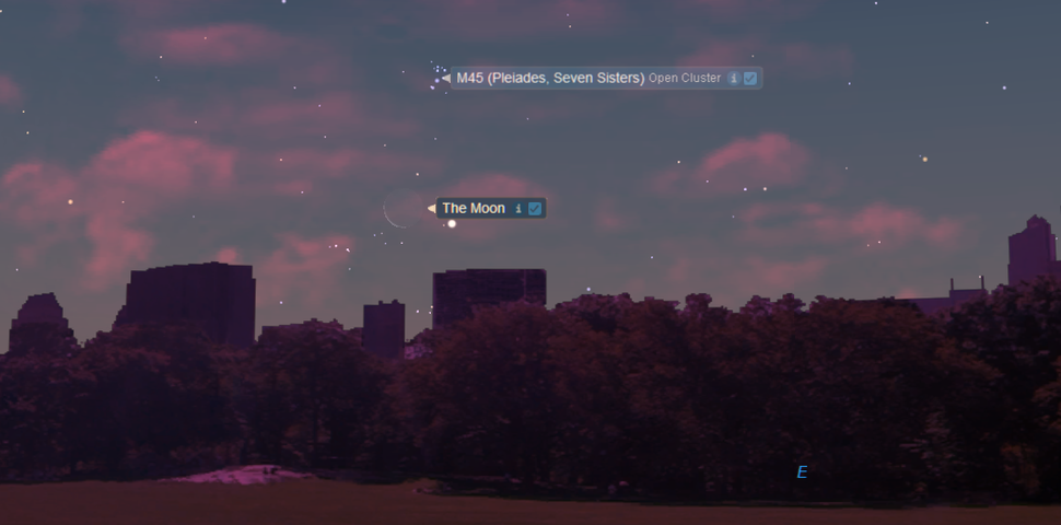 The positions of Venus, the moon, and the Pleiades early on June 26, 2022, as seen from New York City, are depicted on a diagram.