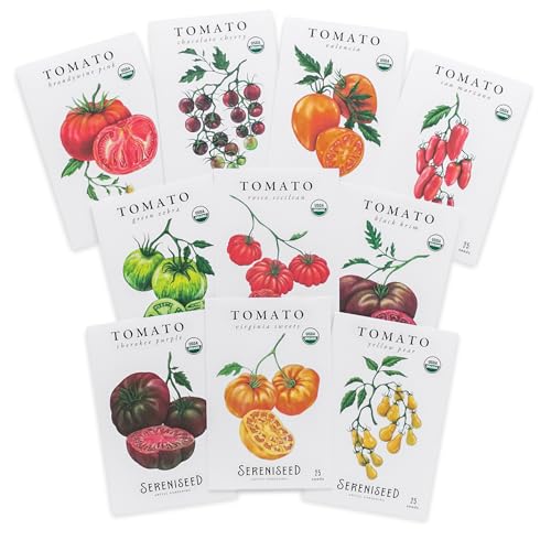 Sereniseed Certified Organic Tomato Seeds (10-Pack) &amp;ndash; Non Gmo, Open Pollinated &amp;ndash; Cherokee Purple, Chocolate Cherry, Green Zebra, Brandywine Pink, Black Krim and More - Tomato Seeds for Planting