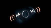 A composition photo of a solar eclipse through its different stages, with totality shown in the middle.
