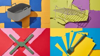 Selection of air fryer accessories on a background of torn paper