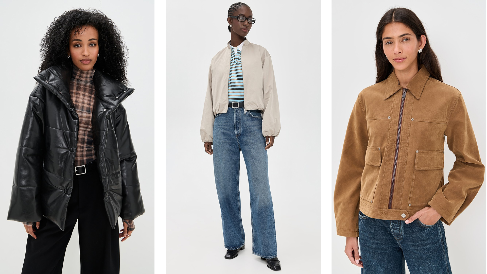 model wears black leather puffer, black pants, and a plaid shirt; another model wears khaki bomber over blue striped shirt with collar and jeans; last model wears free people suede jacket and jeans