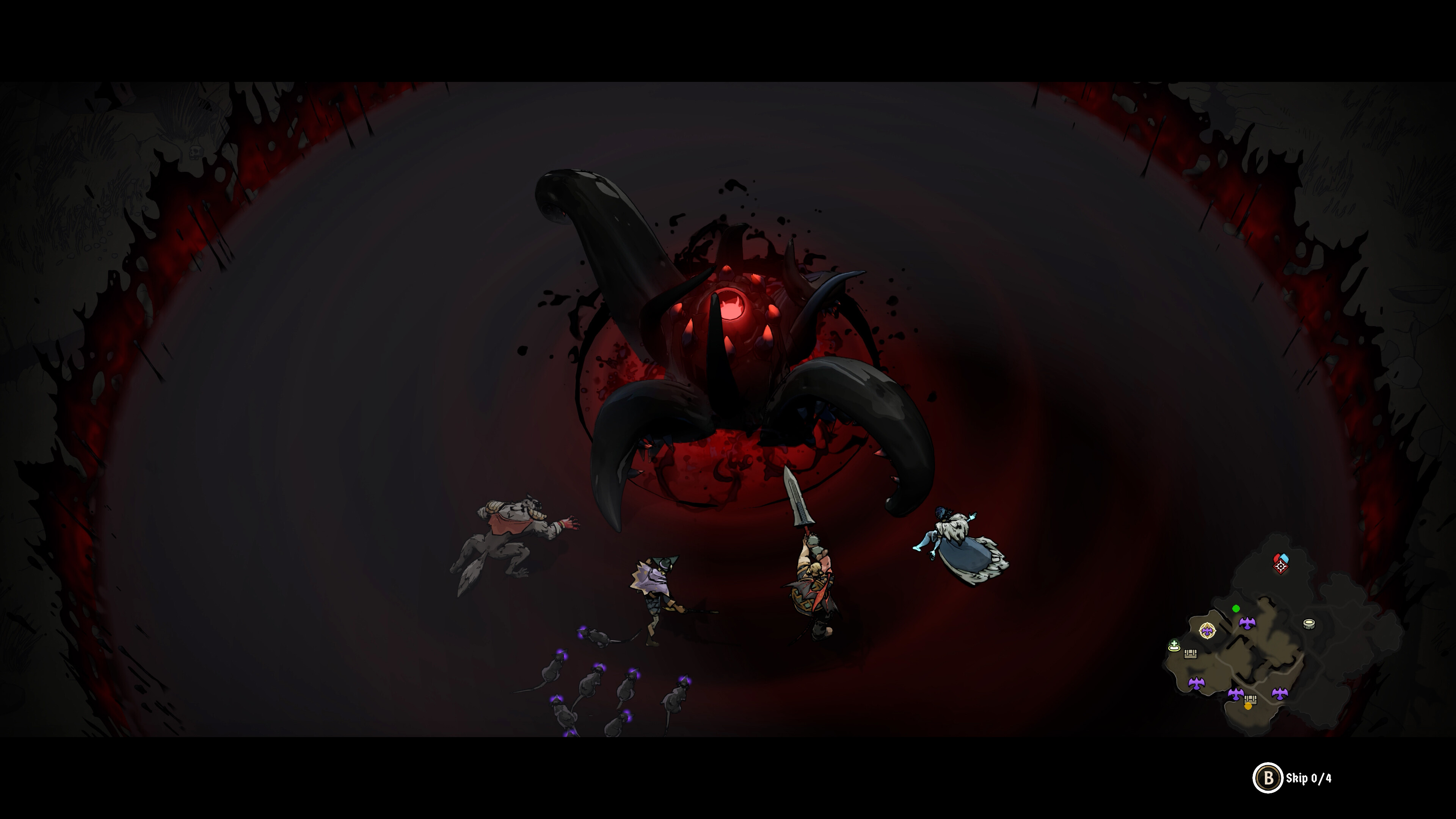 A boss fight against a huge tentacled monster in Ravenswatch.