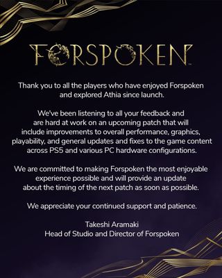 Message saying that Forspoken PC performance patch is in the works