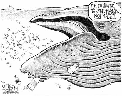 Editorial cartoon US ocean whale plastic water pollution