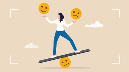 Illustration of woman balancing balls in the air with happy, sad and stressed faces on them, to represent what does burnout feel like