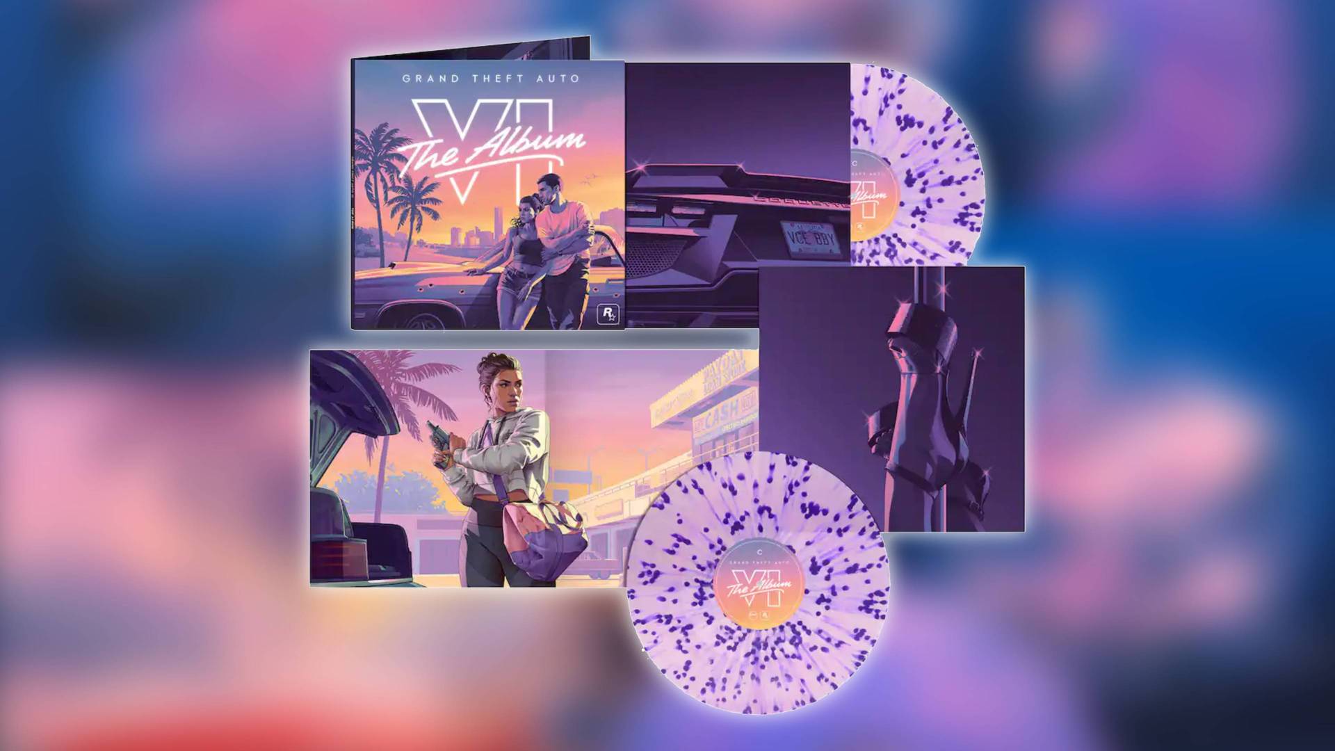 Image of the GTA 6 The Album on vinyl on a blurred background.