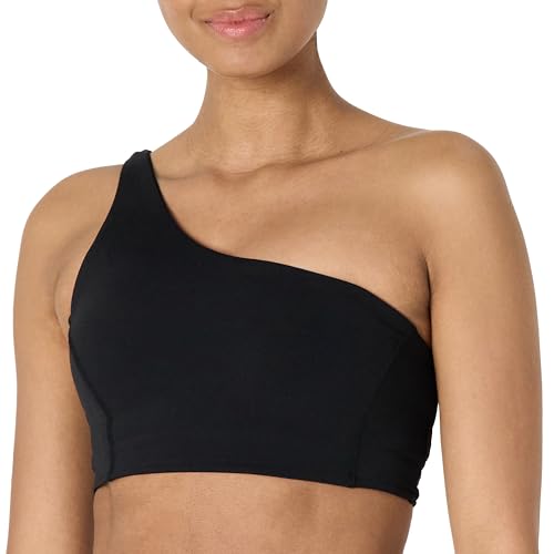 Amazon Essentials Women's Active Formflex Buttery Soft Light Support One Shoulder Strappy Back Sports Bra, Black, Small