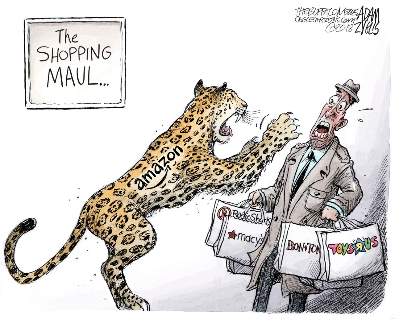 Editorial cartoon U.S. shopping malls Amazon Toys R Us Macy&amp;#039;s Radio Shack