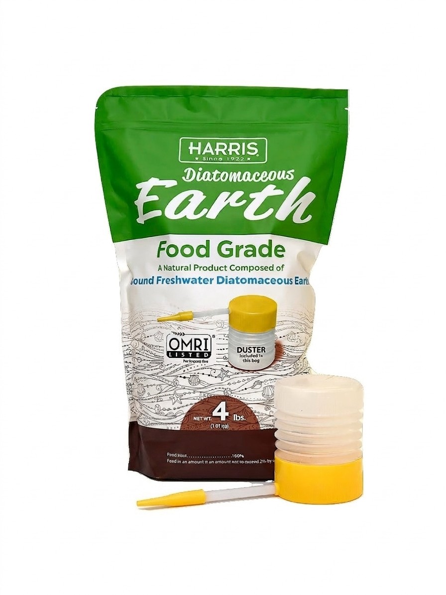 A bag of Harris Food Grade Diatomaceous Earth and a scoop