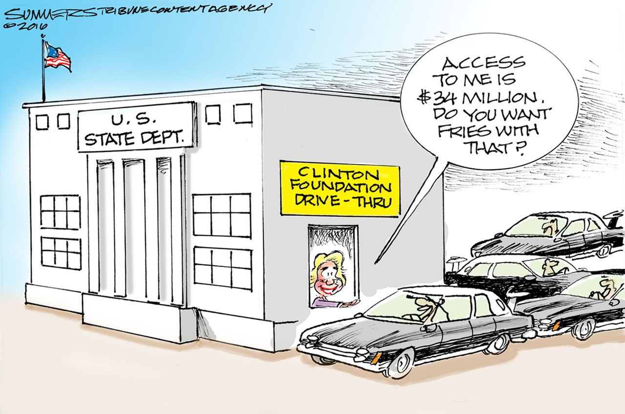 Political cartoon U.S. 2016 election Hillary Clinton Foundation Donors