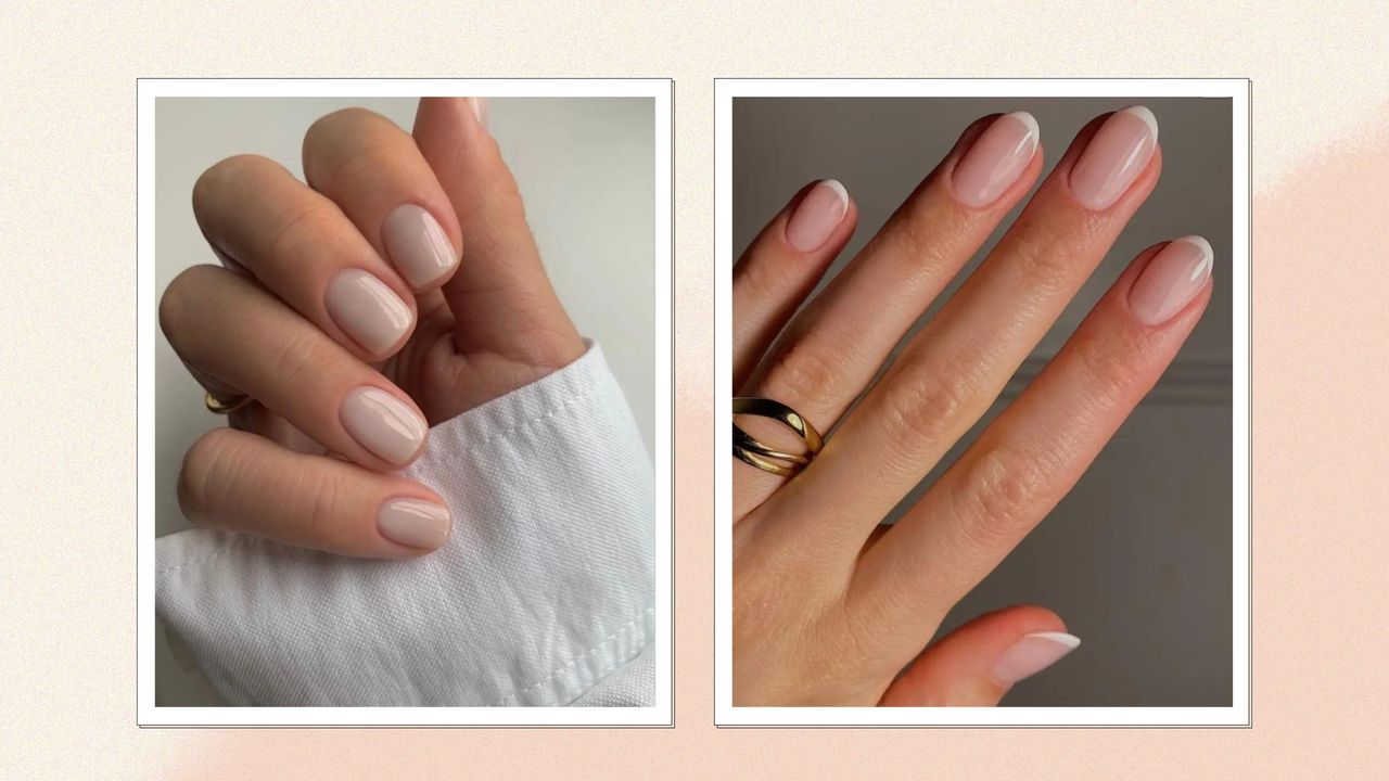 On the left, a hand with milky white nails by nail artist @gel.bymegan, alongside a picture of a hand with a classic French tip manicure, by nail artist @matejanova/Mateja Novakovic/ in a cream and beige gradient template