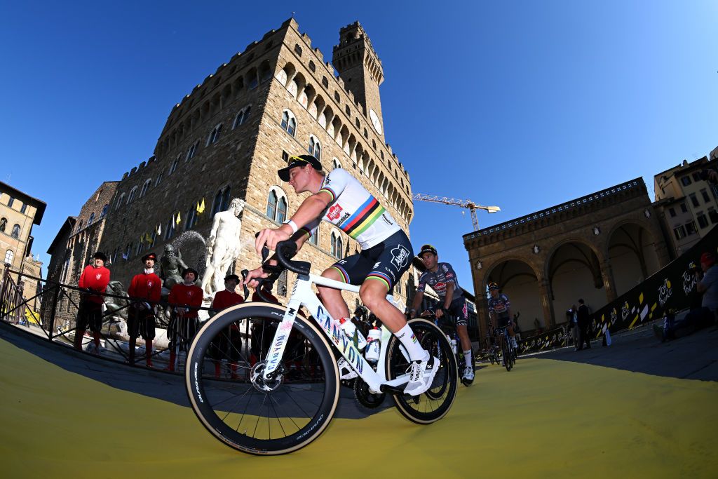 FIRENZE ITALY JUNE 27 Mathieu van der Poel of Netherlands and Team Alpecin Deceuninck during the 111th Tour de France 2024 Team Presentation UCIWT on June 27 2024 in Firenze Italy Photo by Dario BelingheriGetty Images