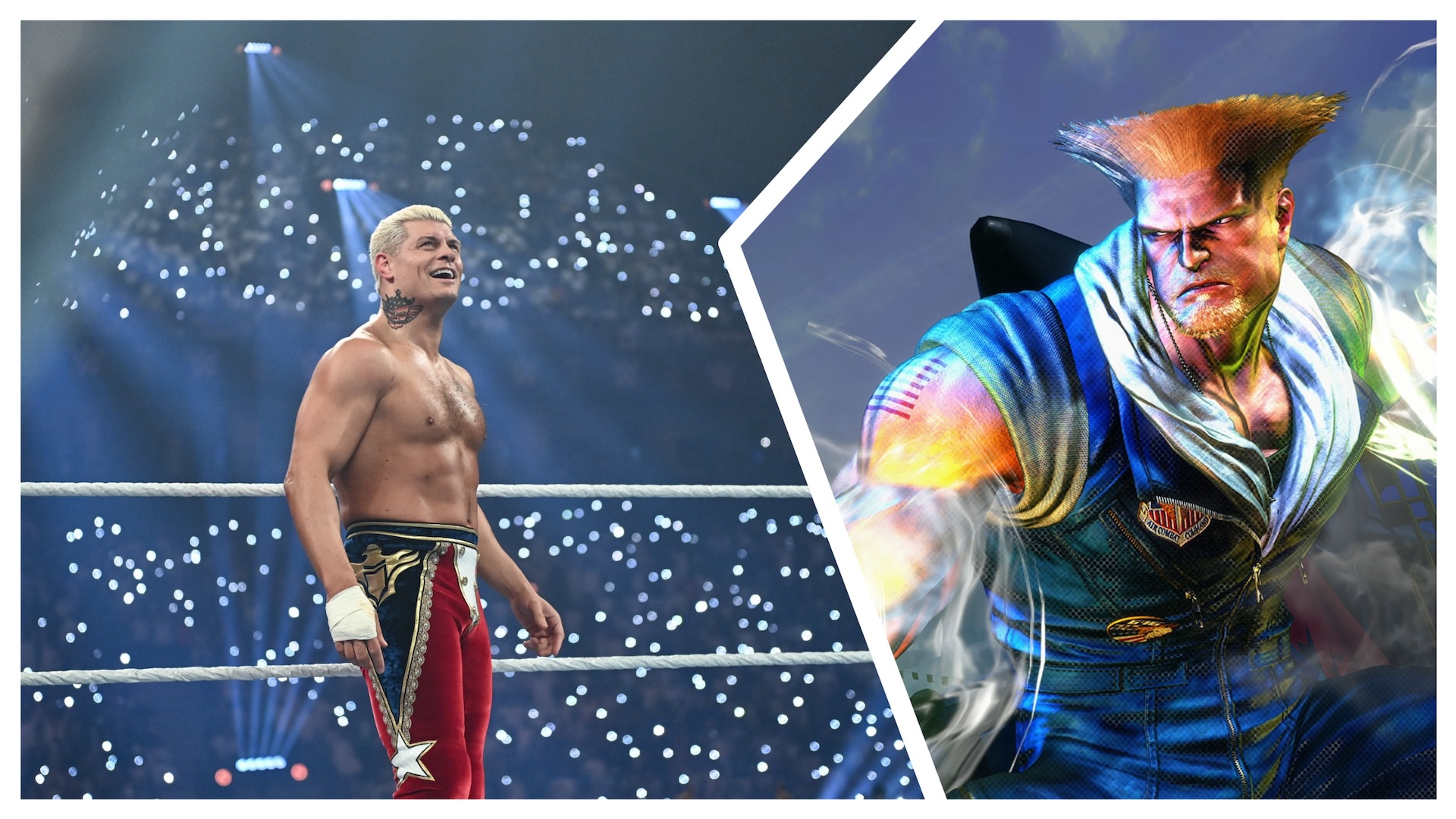 Cody Rhodes standing in a ring on the left and Guile from Street Fighter on the right