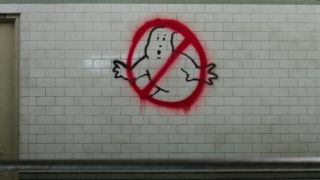 A makeshift Ghostbusters symbol in Ghostbusters 2016