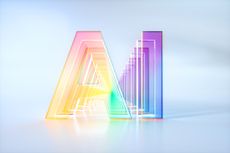 Digital generated image of AI word made out of multiple multicoloured transparent glass layers standing on white ramp visualising smart technology, blockchain and artificial intelligence