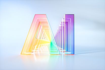 Digital generated image of AI word made out of multiple multicoloured transparent glass layers standing on white ramp visualising smart technology, blockchain and artificial intelligence