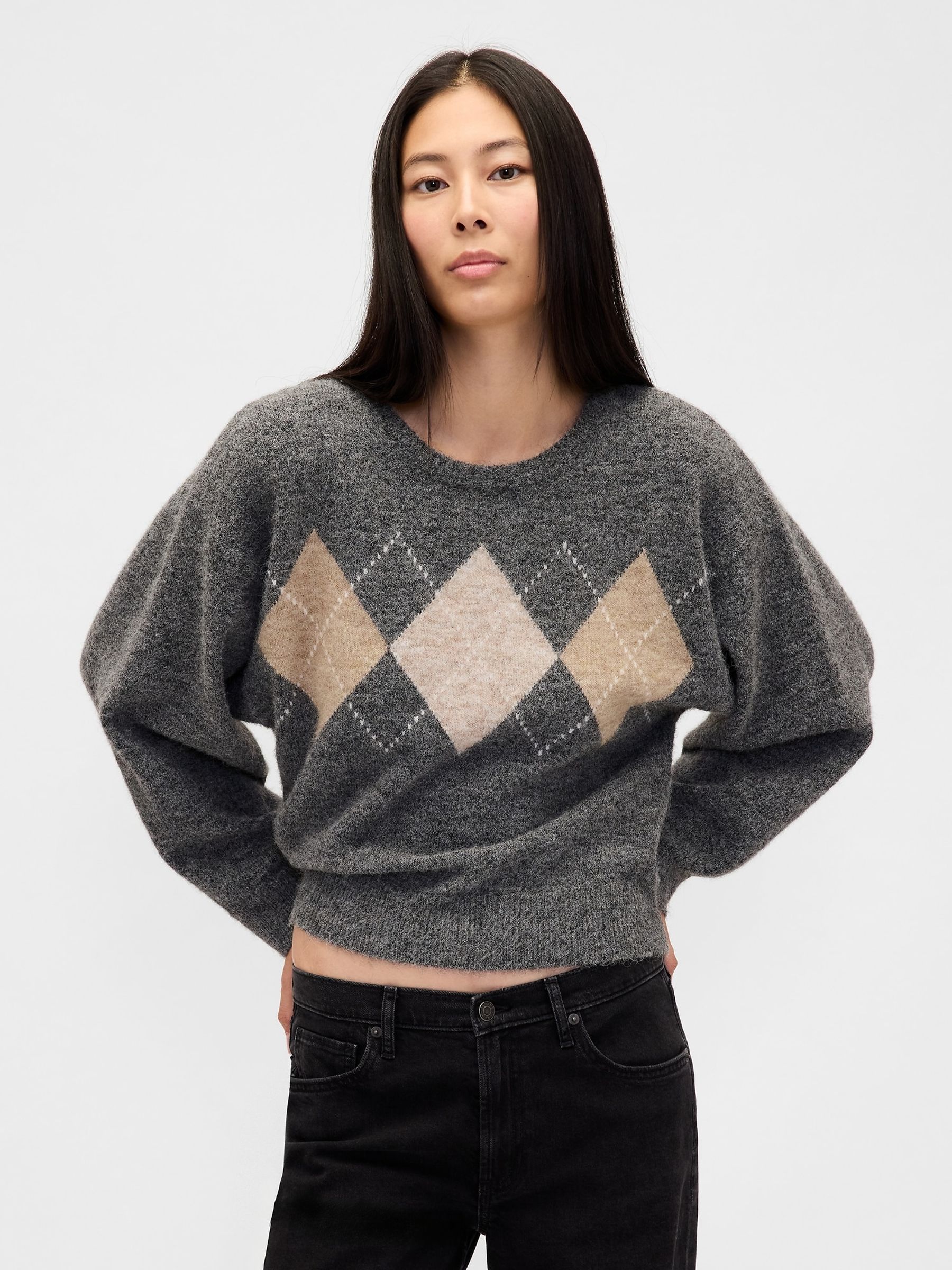 Grey Fuzzy Argyle Crop Jumper