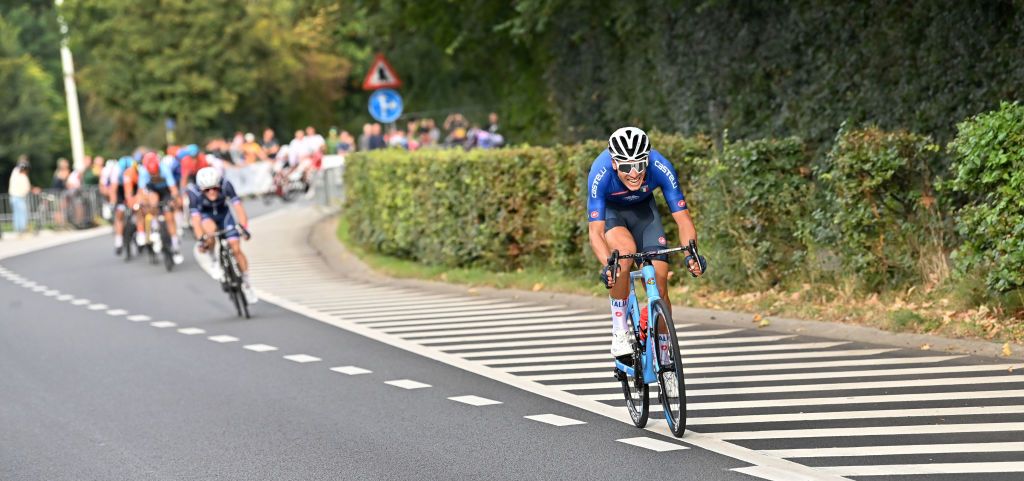 Italian Filippo Baroncini pictured in action during the men U23 road race on the sixth day of the UCI World Championships Road Cycling Flanders 2021 16090km from Antwerp to Leuven on Friday 24 September 2021 The Worlds take place from 19 to 26 September 2021 in several cities in Flanders Belgium BELGA PHOTO DIRK WAEM Photo by DIRK WAEMBELGA MAGAFP via Getty Images