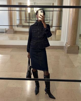 Black boots and denim outfit on Sylvie