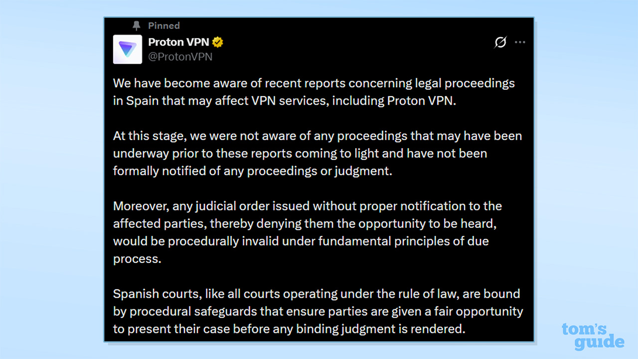Screenshot of Proton VPN tweet commenting on Spanish legal case.