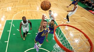 Stephen Curry #30 of the Golden State Warriors goes up for a layup against the Boston Celtics in Game Six of the 2022 NBA Finals at TD Garden on June 16, 2022 in Boston, Massachusetts.