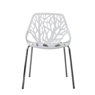 A white chair with a bird nest pattern and black legs