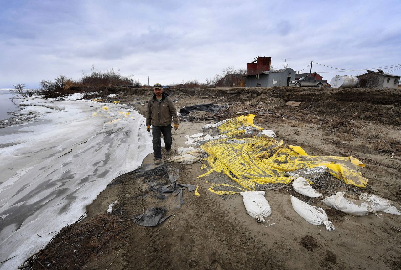 Severe erosion of the permafrost tundra in the climate change affected Yupik Eskimo village of Napakiak in Alaska on April 19, 2019.