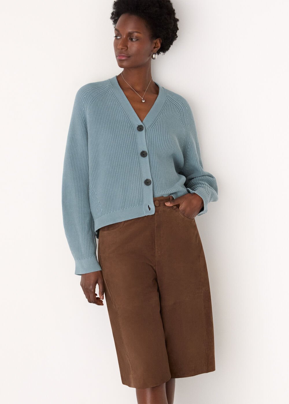 Blue V Neck Cotton Cardigan