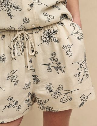 Cream Linen-Blend Floral Embroidered Shorts