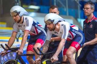 Owain Doull and Bradley Wiggins come out of the blocks in the men's team pursuit