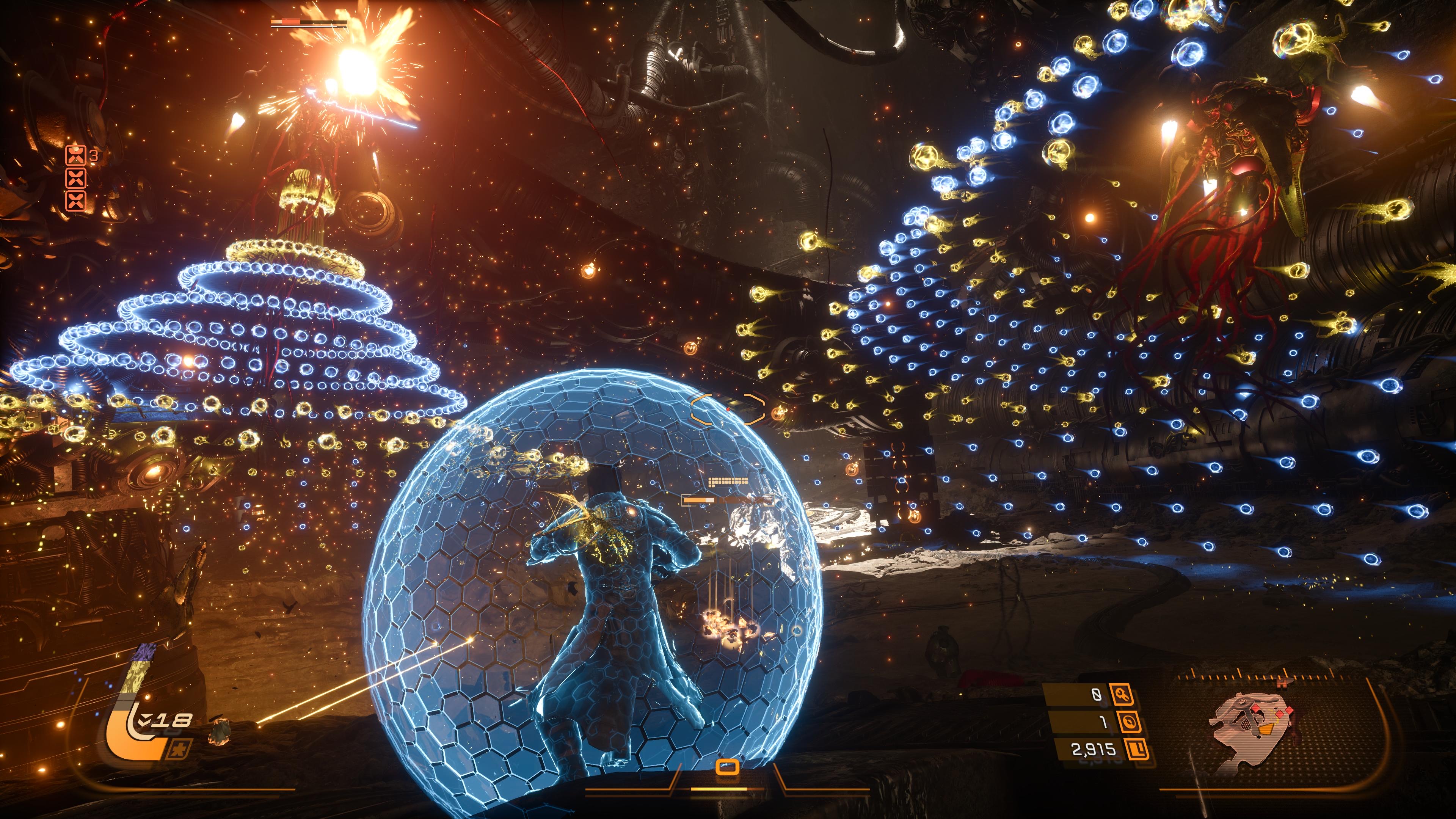 Screens from PS5 game Saros showing patterns of bright lights