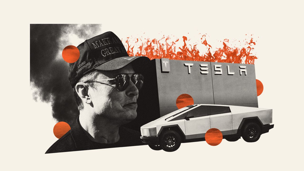 Illustration of Elon Musk, a Tesla dealership and Cybertruck on fire