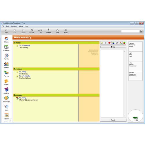 With MyUltimateOrganizer you can view anniversaries and birthdays for upcoming months.
